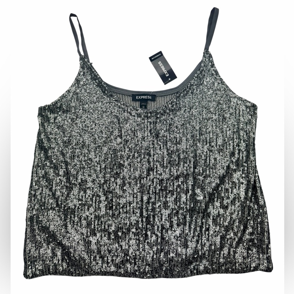 Express Sequin Camisole‎ Tank Top Silver Black Party Crop XS NWT